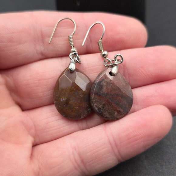 Silver Plated Brown Jasper Stone Dangle Earrings A6503 - Picture 3 of 5